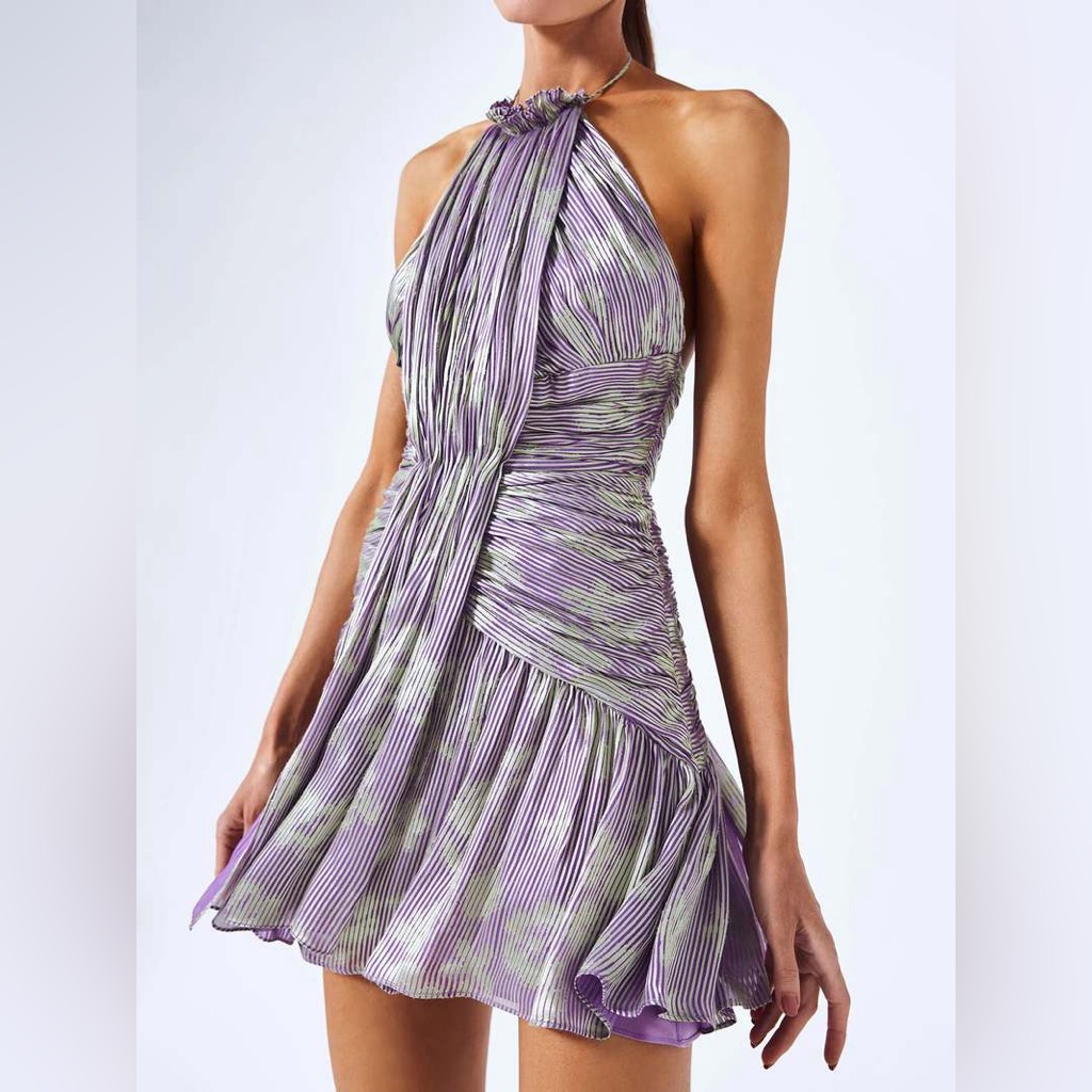 Alexis Leina Halter Mini Dress In Lilac Purple/Green Stripe Poly Blend - Size Xs